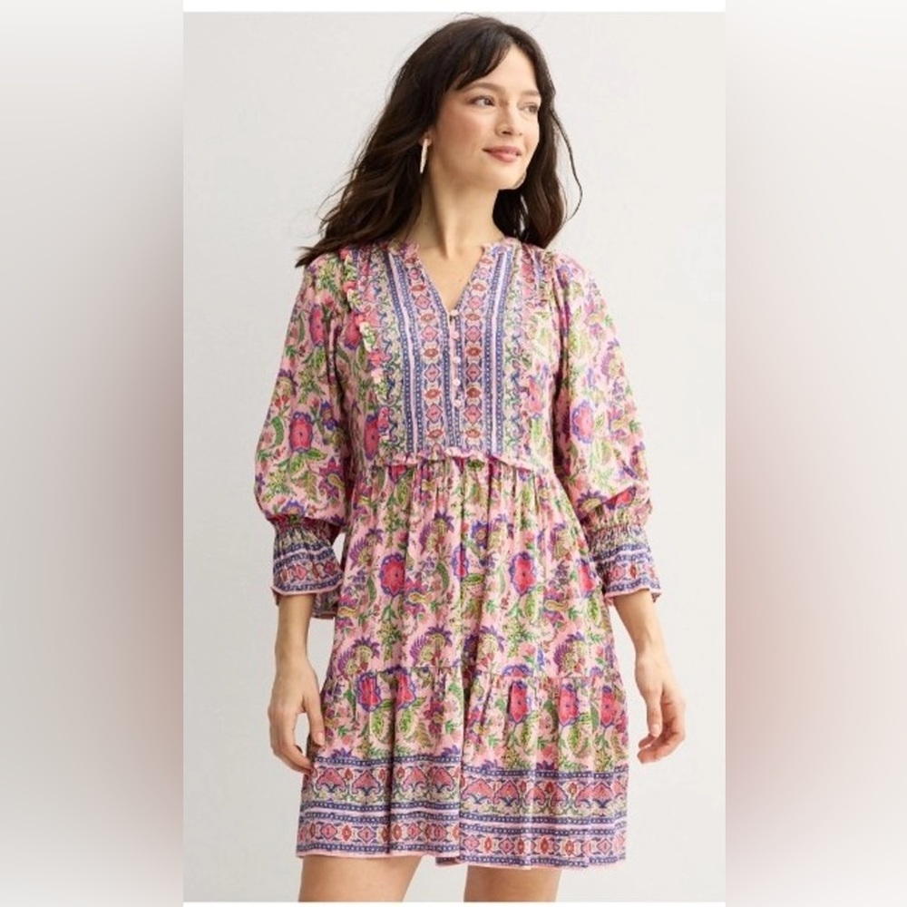 Floral Pink Midi Dress with Smocked Cuffs